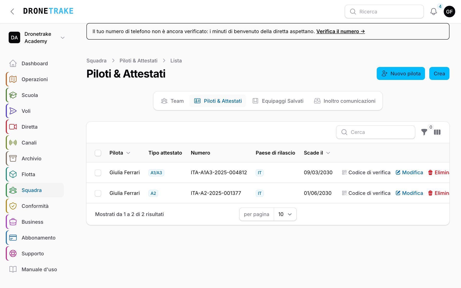Squadra → Piloti & Attestati: due attestati depositati con tipo, numero e scadenza