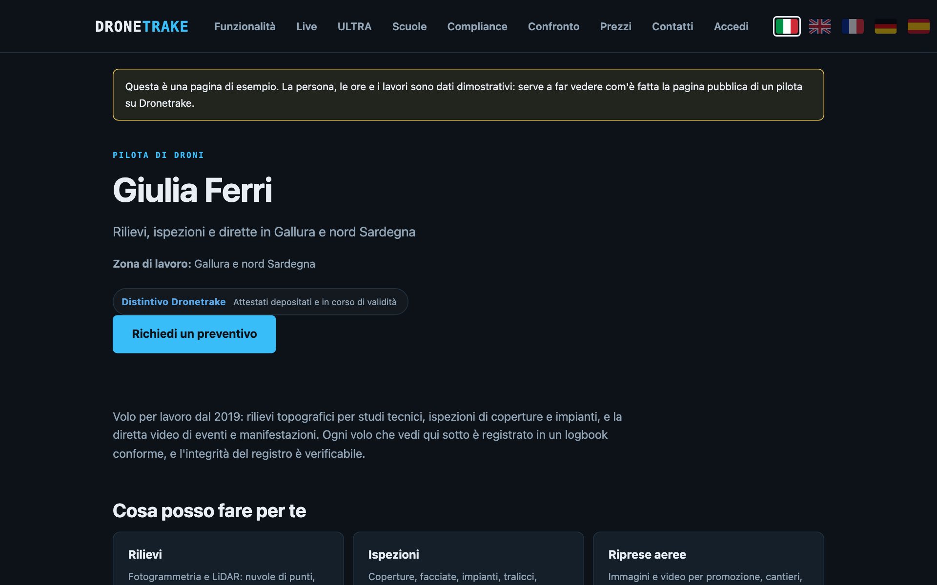 La pagina pubblica di un pilota: ore di volo, attestati, servizi e modulo di richiesta