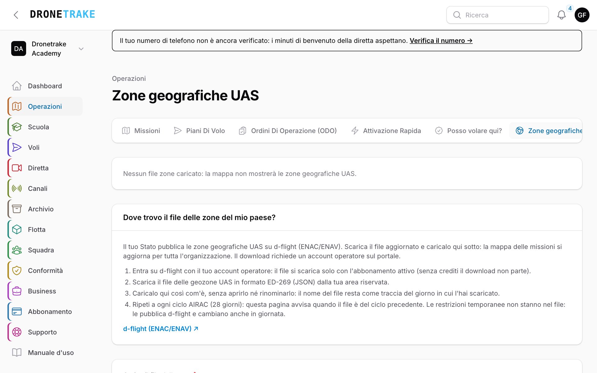 Operazioni → Zone geografiche UAS: la fonte del tuo paese e il caricamento del file