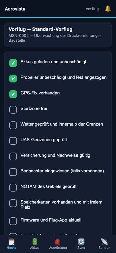 Die Checkliste der Feld-App auf dem Telefon, mit großen Schaltflächen