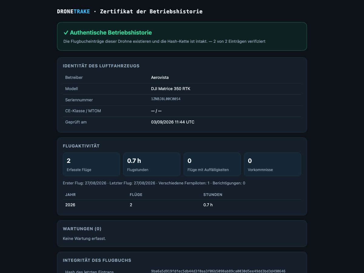 Die öffentliche Prüfseite einer Drohne, geöffnet über den QR-Code