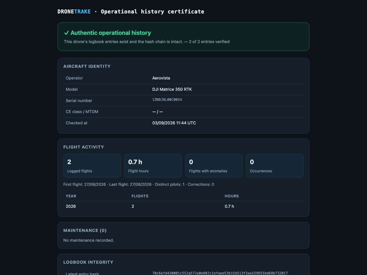 The public verification page of a drone opened from the QR code