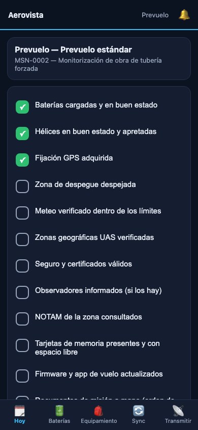 La checklist de la app de campo en el teléfono, con botones grandes