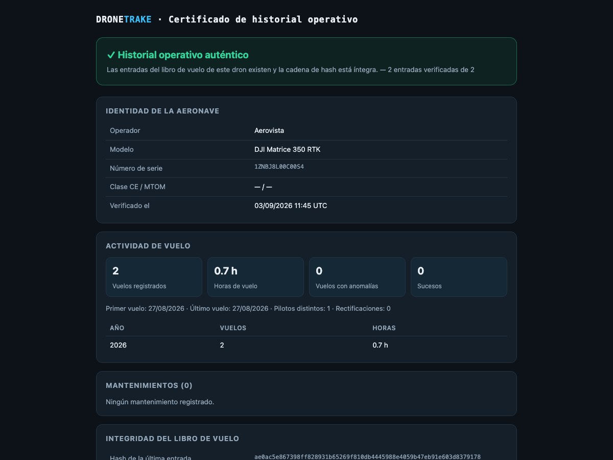 La página pública de verificación de un dron abierta desde el QR