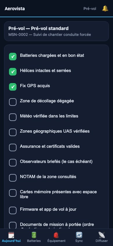 La check-list de l'app terrain sur le téléphone, à gros boutons