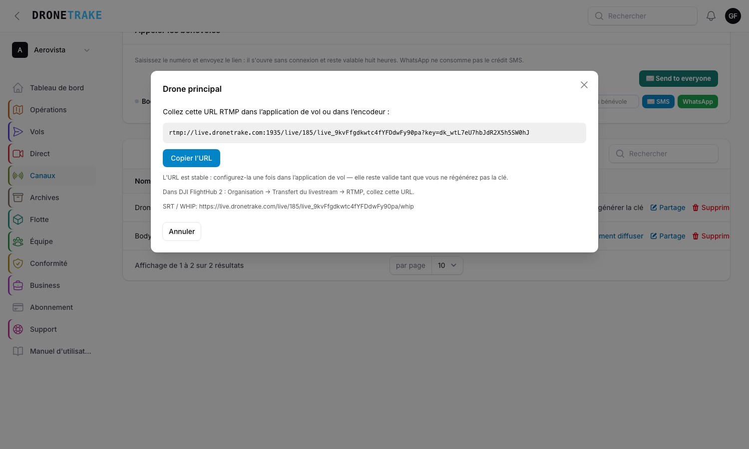 La fenêtre « Comment diffuser » avec l'adresse du serveur et la clé du canal