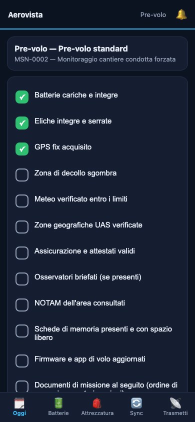 La check-list dell'app da campo sul telefono, a bottoni grandi
