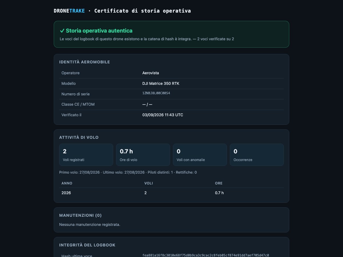 La pagina pubblica di verifica di un drone aperta dal QR