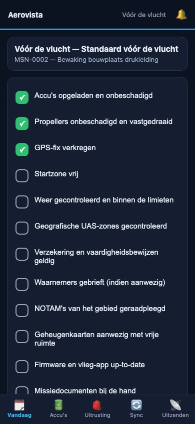 De checklist van de veld-app op de telefoon, met grote knoppen