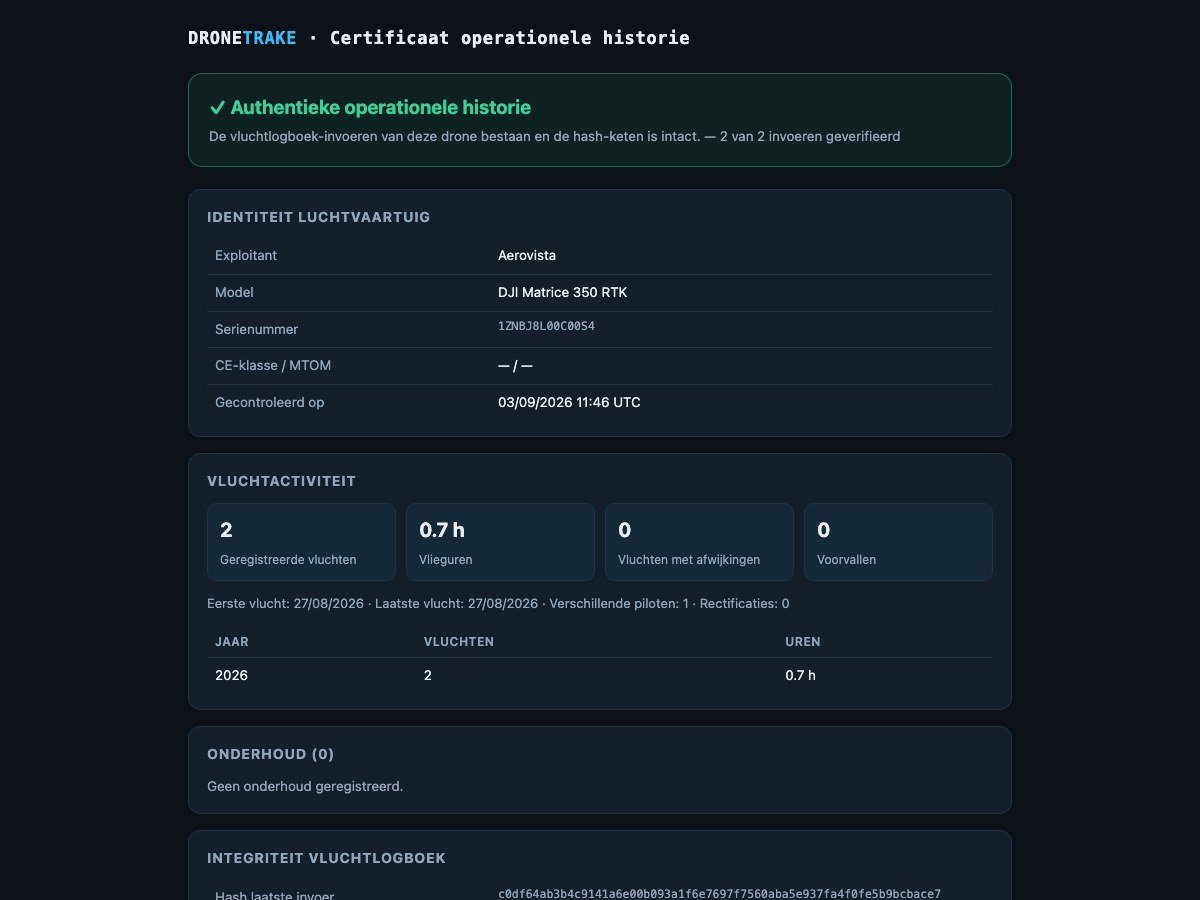 De openbare verificatiepagina van een drone, geopend via de QR-code