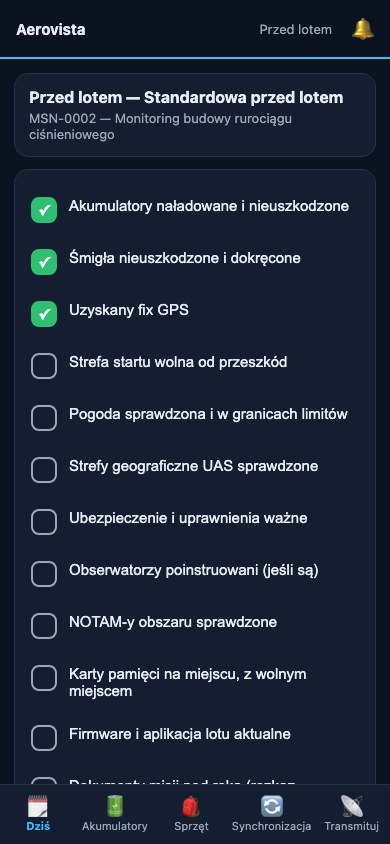Lista kontrolna aplikacji terenowej na telefonie, z dużymi przyciskami