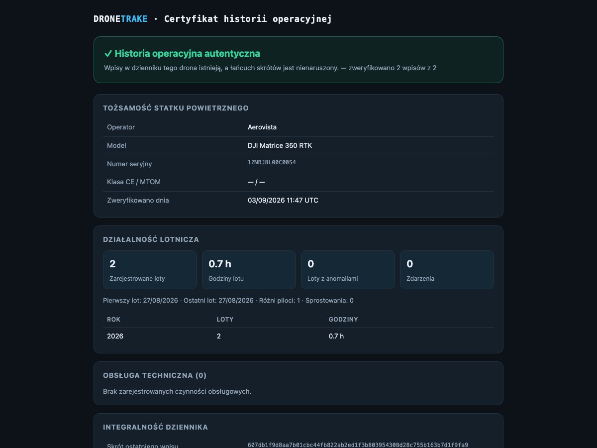 Publiczna strona weryfikacji drona otwarta z kodu QR