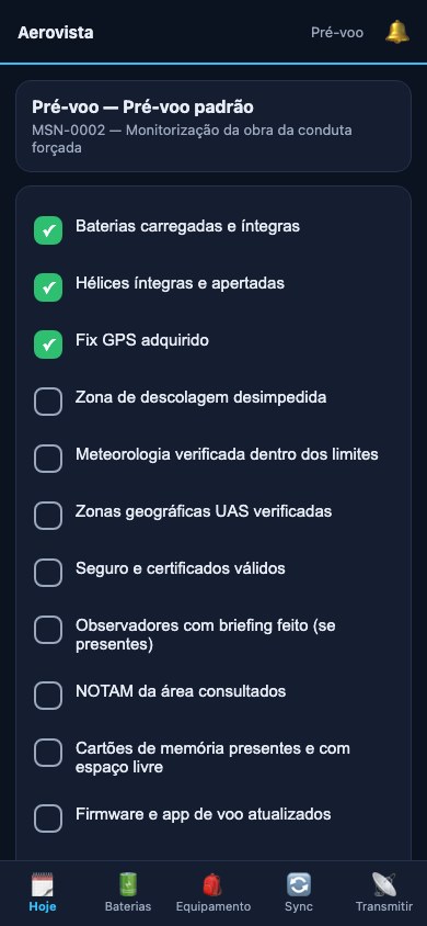 A checklist da app de campo no telemóvel, com botões grandes
