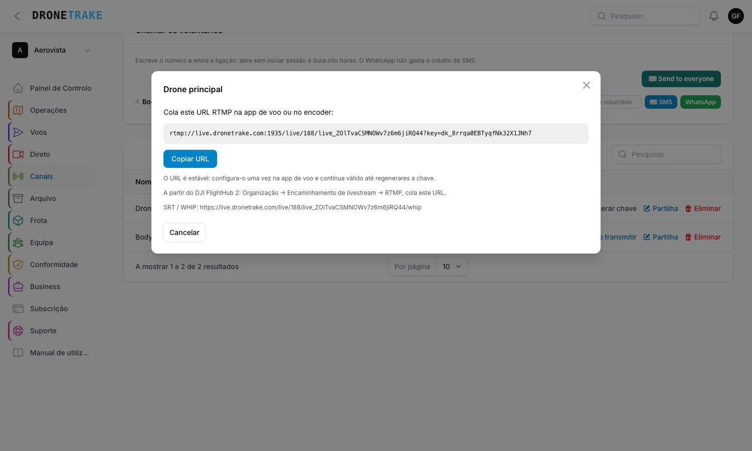 A janela «Como transmitir» com o endereço do servidor e a chave do canal