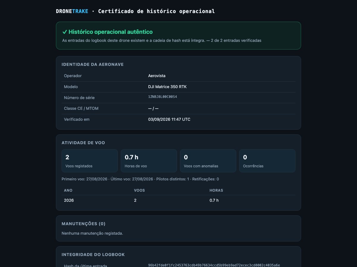 A página pública de verificação de um drone aberta a partir do QR