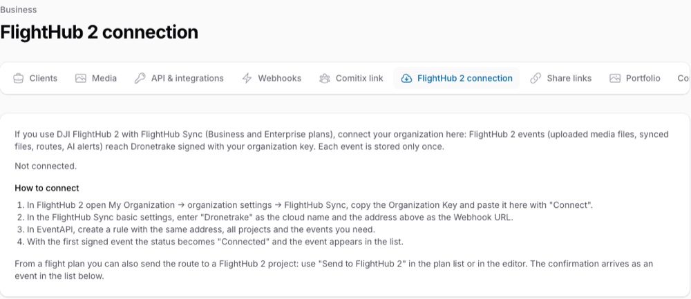 Dronetrake, Business, FlightHub 2 connection: how to connect with the FlightHub 2 Organization Key, and Send to FlightHub 2 from a flight plan