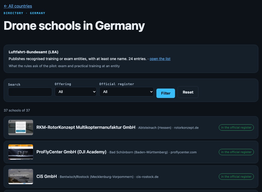 Drone schools in Germany on dronetrake.com: 37 schools, each with a preview of its website and a badge when it is in the official register