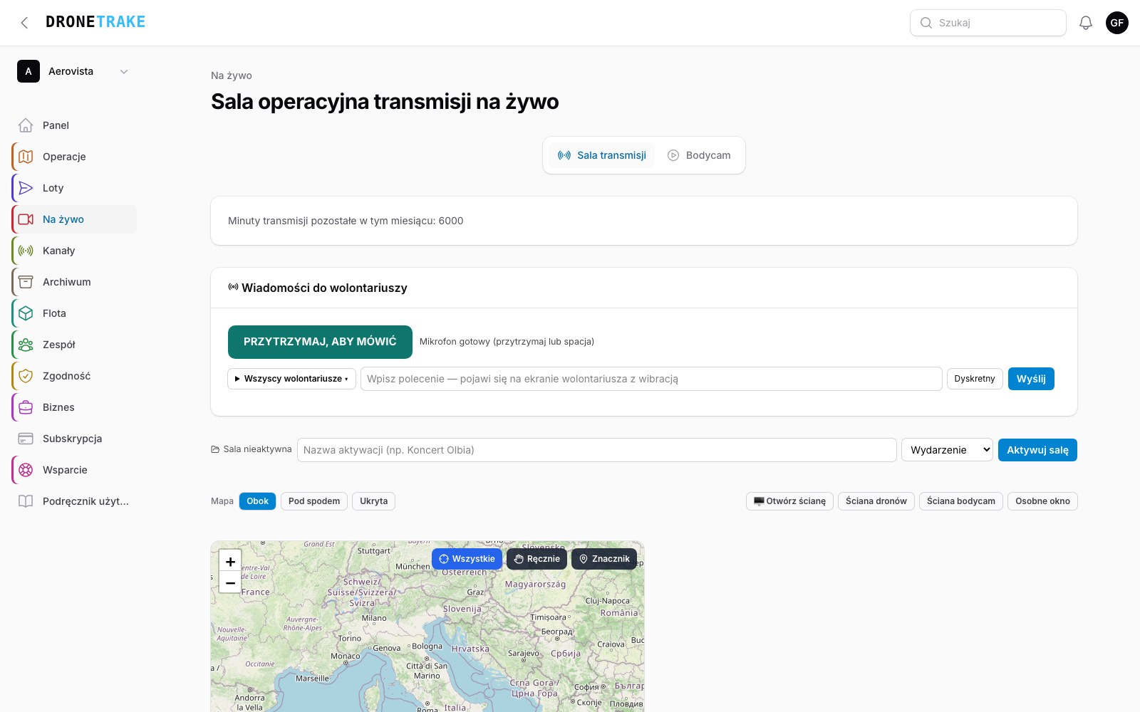 Ekran Dronetrake: Live streaming i nagrania