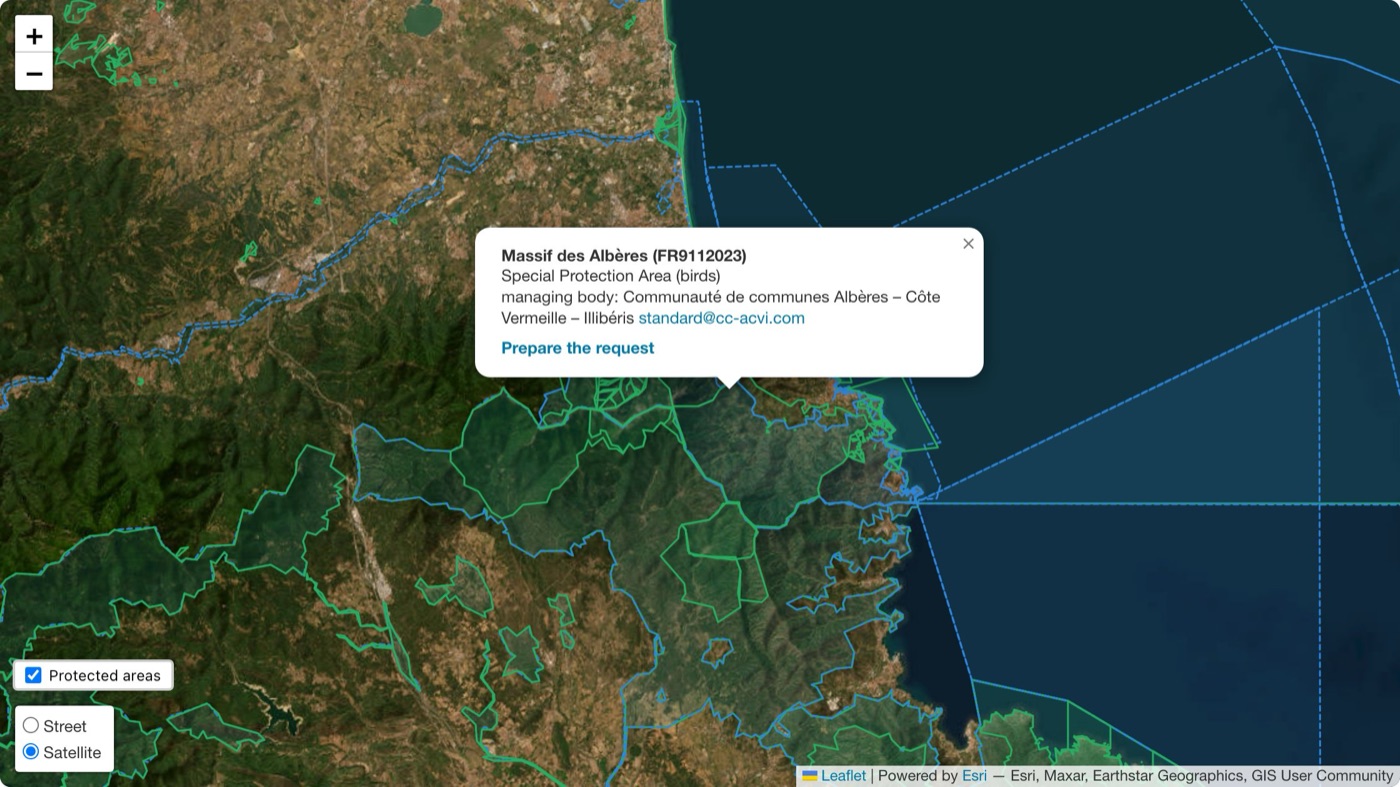 Dronetrake mission map on satellite imagery: the Natura 2000 site Massif des Albères (FR9112023) in the French Pyrenees, with its managing body and email, the command to prepare the request, and no plan link
