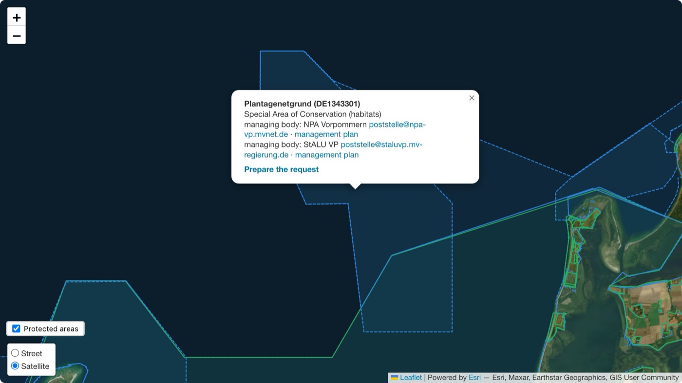 Dronetrake mission map on satellite imagery: the Natura 2000 site Plantagenetgrund (DE1343301) on the Baltic coast of Germany, with its managing bodies, email, link to the management plan and the command to prepare the request