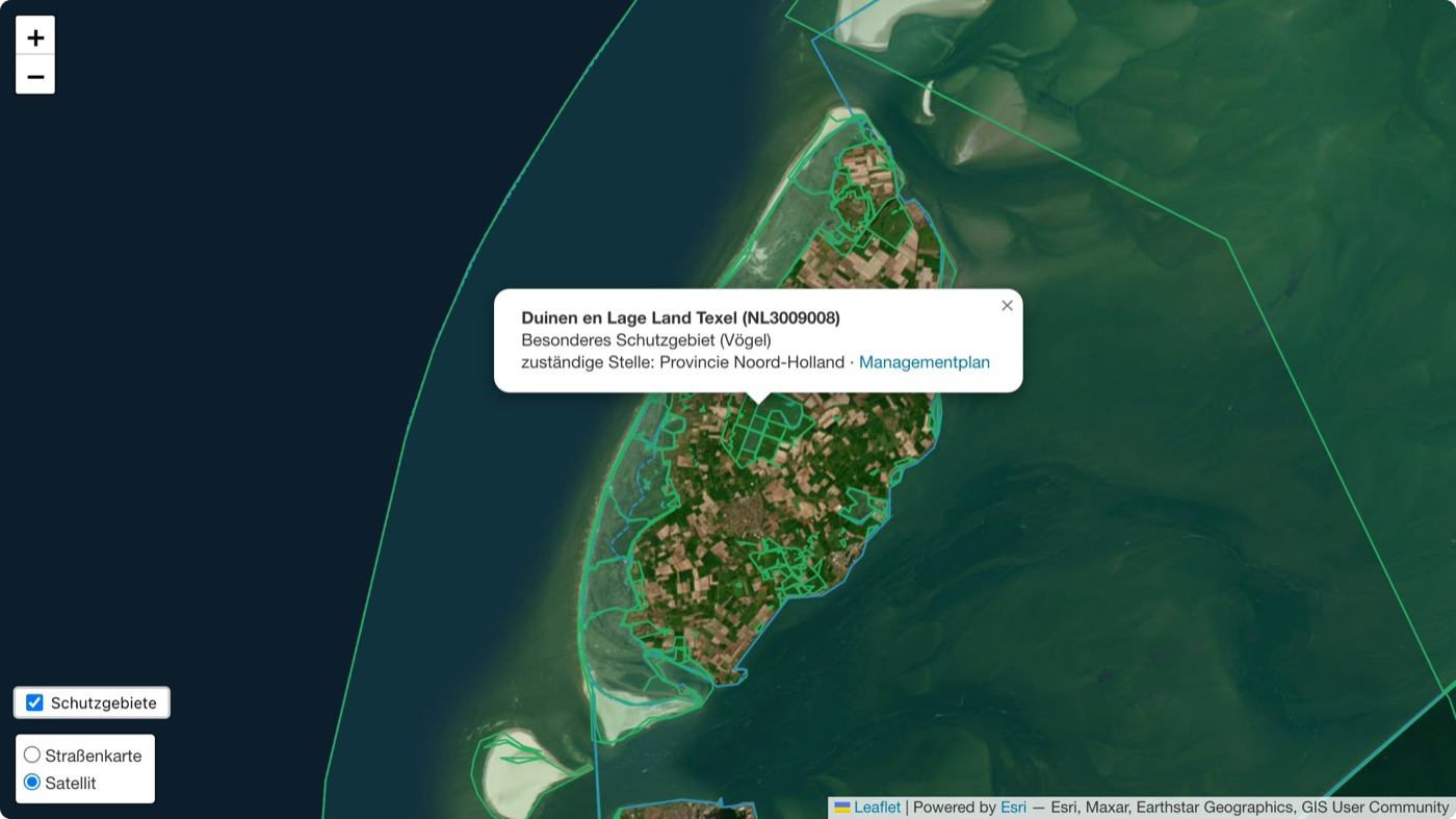 Missionskarte von Dronetrake auf Satellitenbild: das Natura-2000-Gebiet Duinen en Lage Land Texel (NL3009008) in den Niederlanden mit Verwaltung und Link zum Plan, ohne E-Mail-Adresse