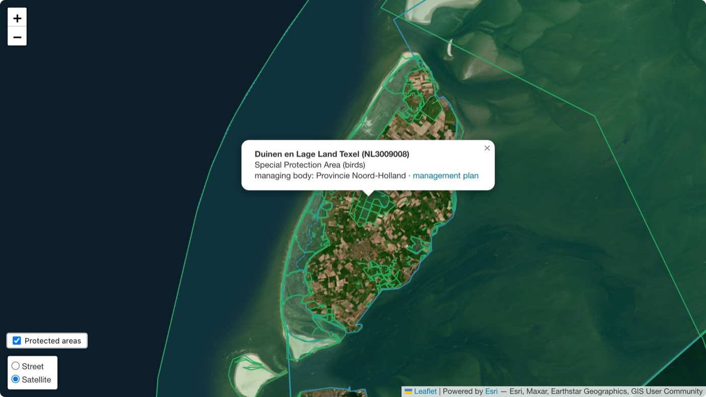 Dronetrake mission map on satellite imagery: the Natura 2000 site Duinen en Lage Land Texel (NL3009008) in the Netherlands, with its managing body and plan link, and no email