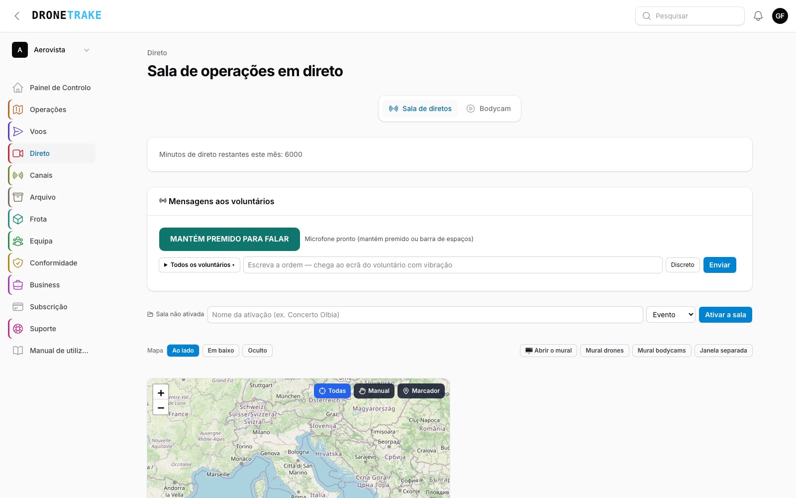 Ecrã do Dronetrake: Live streaming e gravações