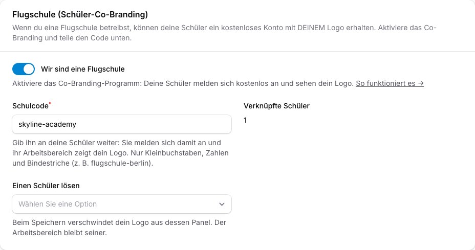 Organisationsprofil → Flugschule: dein Code und die Live-Anzahl der verknüpften Schüler.
