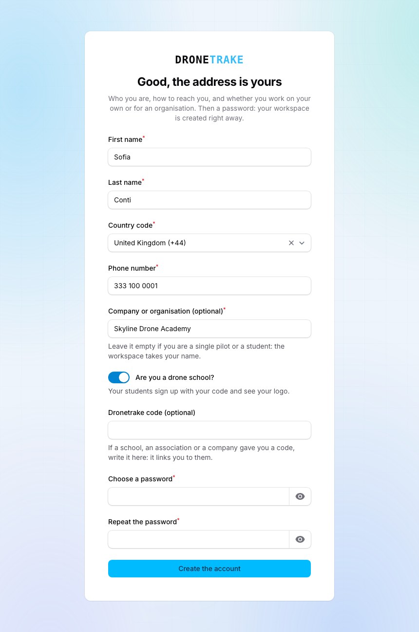 The school's sign-up: type the company name and the “flight school” toggle appears; the school code is generated for you.