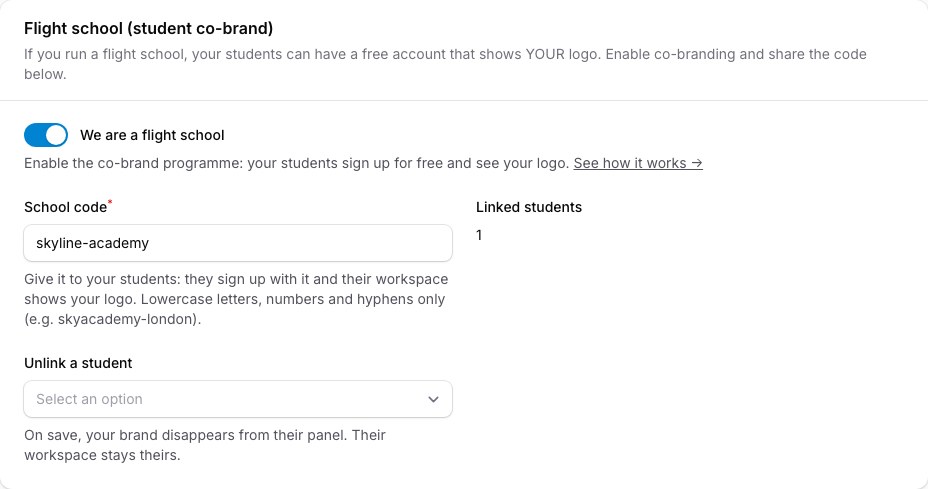 Organisation profile → Flight school: your code and the live count of linked students.
