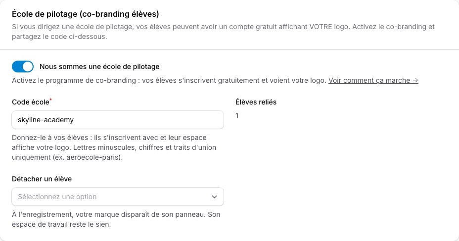 Profil de l'organisation → École de pilotage : ton code et le nombre d'élèves reliés en temps réel.